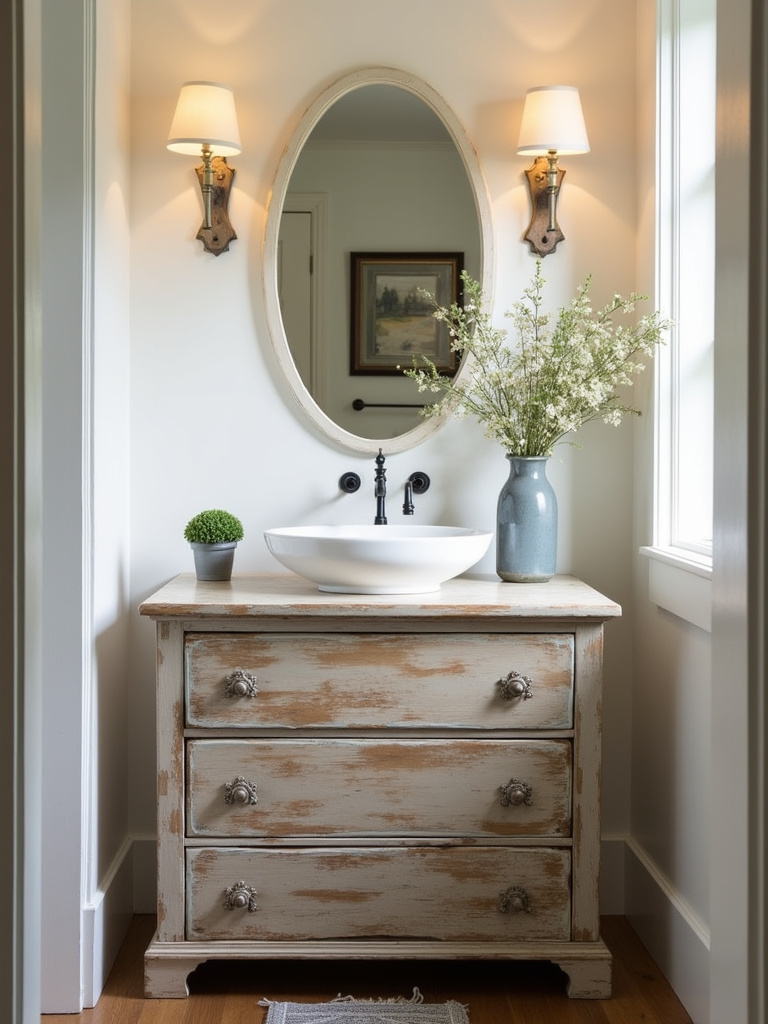 Farmhouse bathroom featuring a repurposed vintage dresser as a vanity.