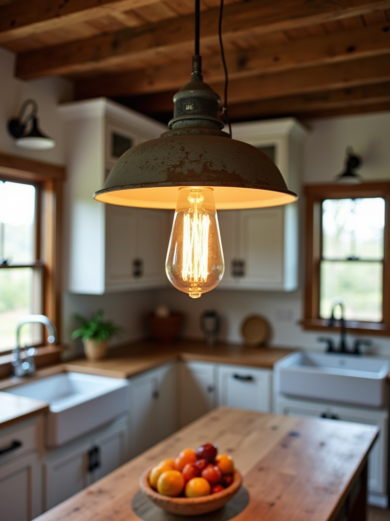 Farmhouse kitchen featuring a repurposed vintage industrial pendant light above the island.
