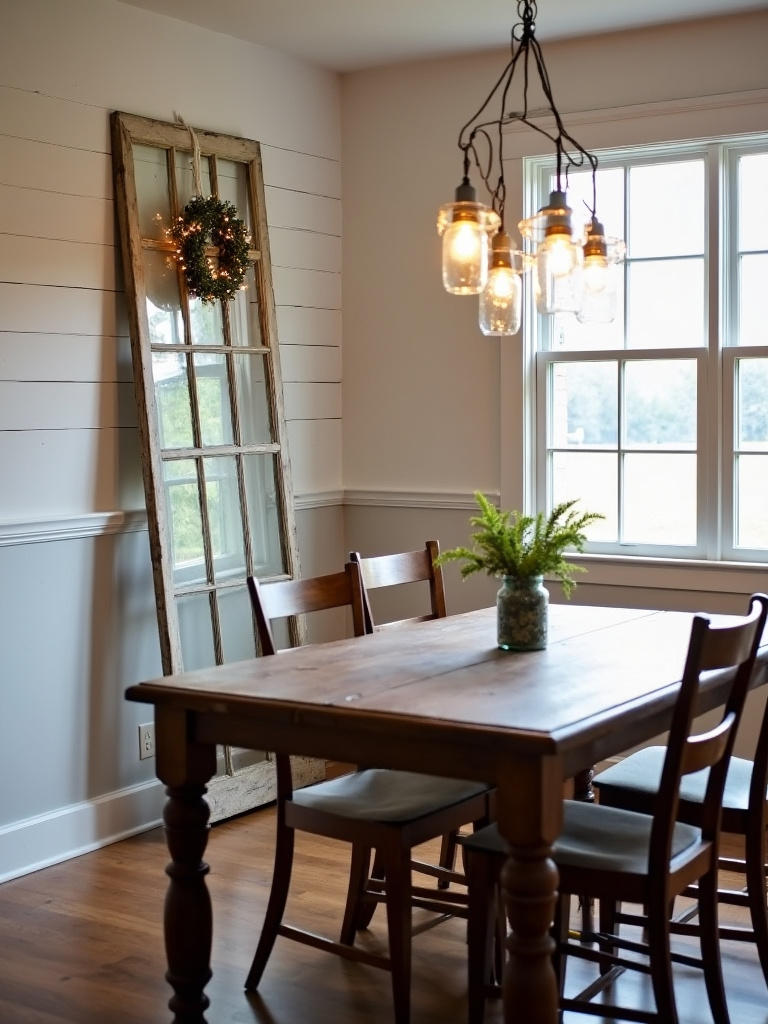 Farmhouse dining room featuring a repurposed window pane decorated with a wreath and string lights.