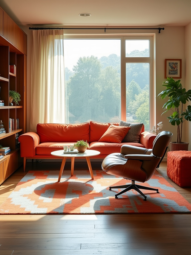 “Retro mid-century modern living room featuring iconic furniture like an Eames chair and Noguchi table, with geometric rug and wood paneling.”