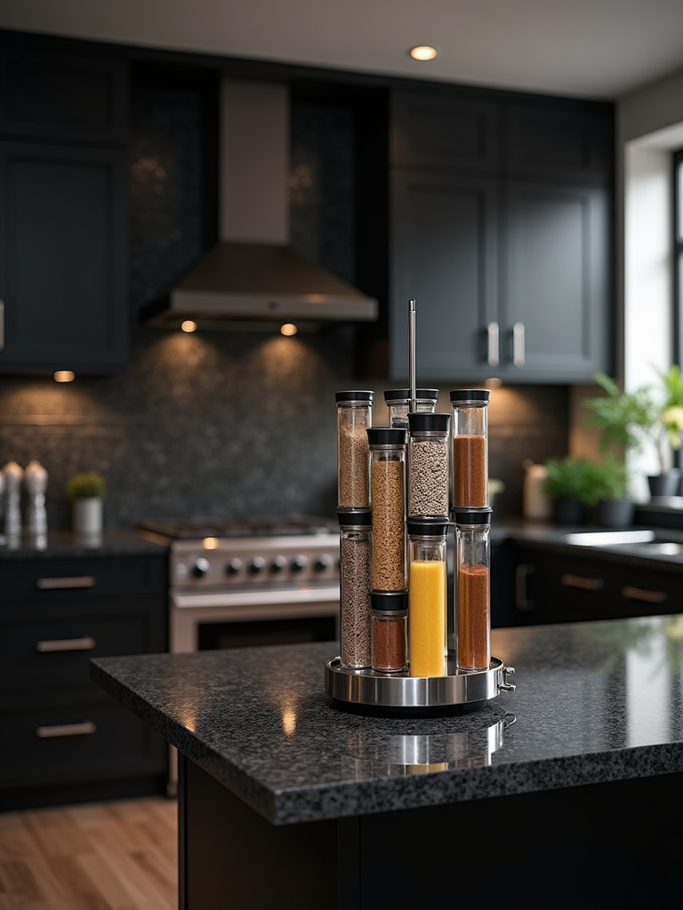 Rotating stainless steel spice rack filled with colorful spices on a contemporary dark granite kitchen island.
