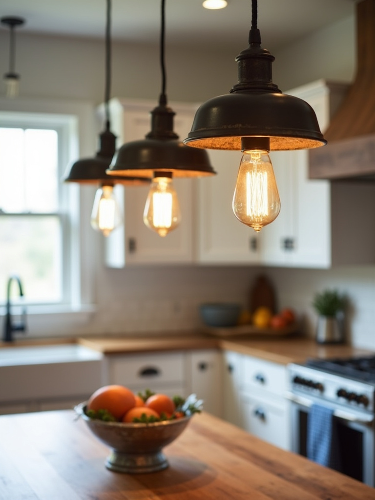 Farmhouse kitchen island illuminated by three rustic barn pendant lights with Edison bulbs.