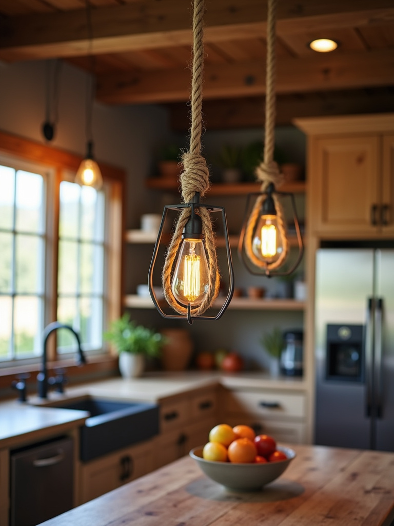 Rustic farmhouse kitchen island illuminated by a rope and metal pendant light.