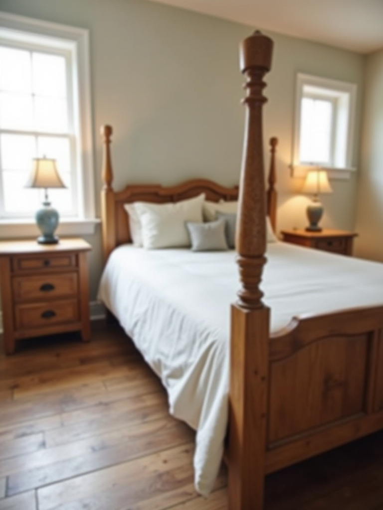 A bedroom featuring rustic wooden furniture, including a bed frame and nightstands with visible wood grain. Light bedding and walls complement the warm wood tones, while natural light from a window enhances the inviting and cozy rustic ambiance in the farmhouse-style bedroom.