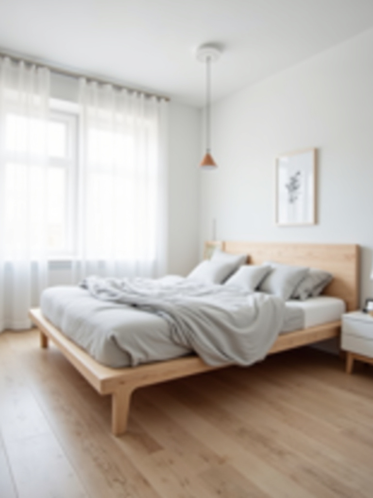 A Scandinavian minimalist bedroom featuring a light wood platform bed, white walls, and light wood flooring. Sheer white curtains filter natural light, creating a bright and serene atmosphere, complemented by minimalist white nightstands and light gray bedding in this calm and uncluttered space.