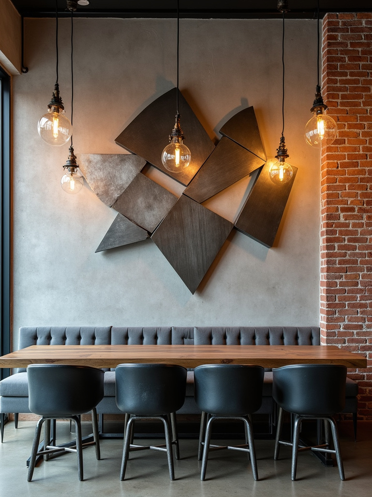 Industrial dining room featuring sculptural metal wall art on a concrete wall with exposed brick accents.