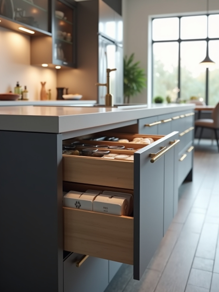 A modern kitchen island with a subtly revealed hidden drawer showcasing interior storage organizers, bathed in soft, diffused lighting, demonstrating clever hidden storage solutions.