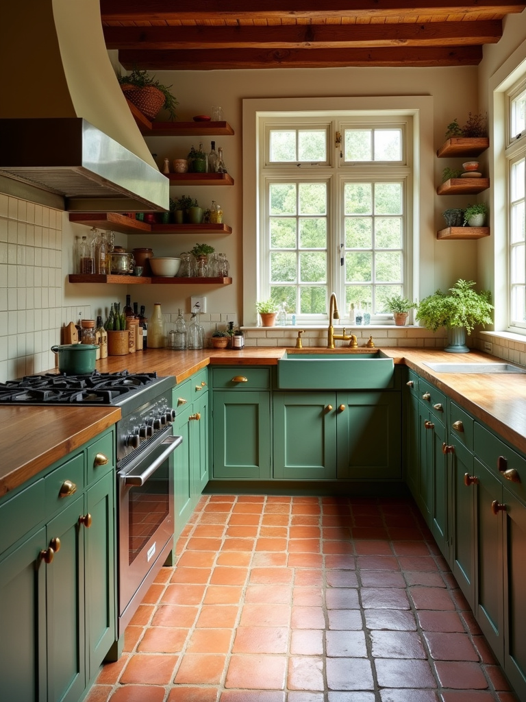Rustic kitchen with a warm earthy color palette, featuring green cabinets, terracotta flooring, and wooden countertops, bathed in soft natural light.