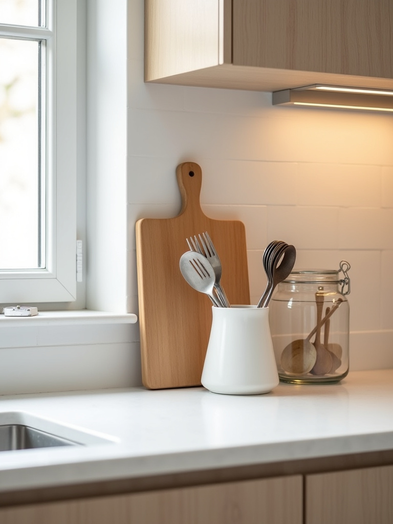 Minimalist kitchen countertop featuring functional décor: wooden cutting board, ceramic utensil holder, and glass jar of wooden spoons.
