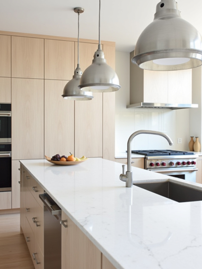 Minimalist kitchen with white quartz countertops featuring minimal veining, light wood flat-panel cabinets, and stainless steel appliances.