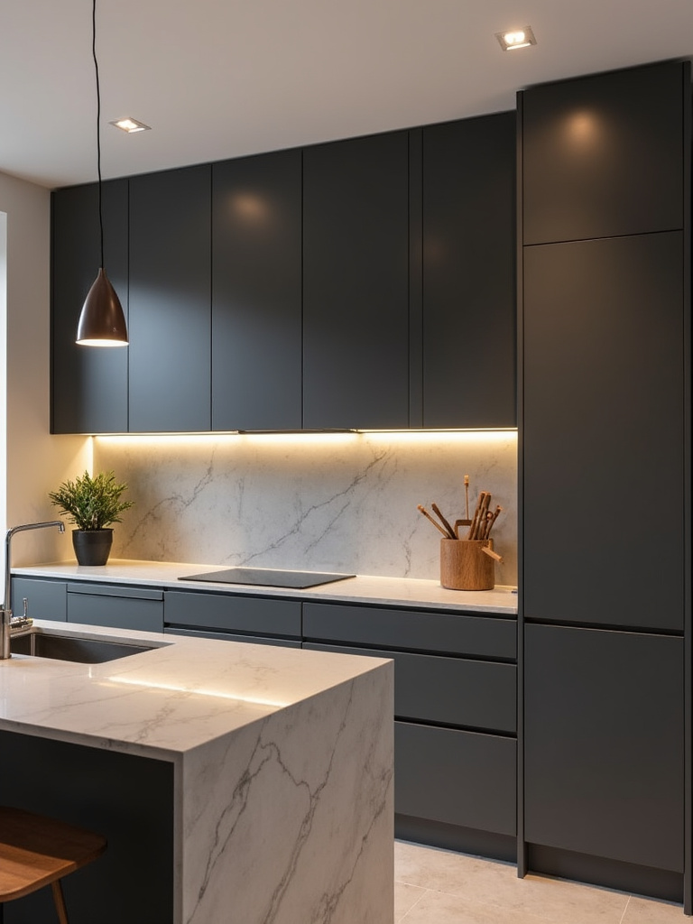 Minimalist kitchen with sleek flat-panel dark gray cabinetry, quartz countertops, and stainless steel fixtures under warm lighting.