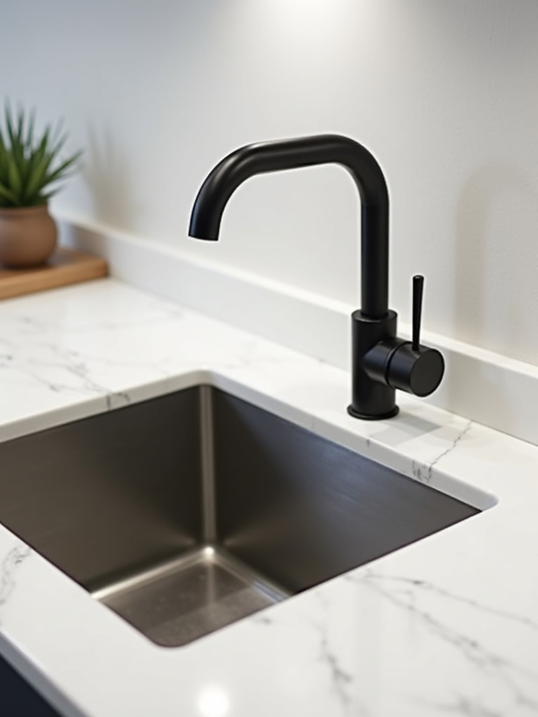 Close-up of minimalist kitchen sink and faucet: stainless steel single bowl undermount sink and matte black single-lever faucet with clean lines.