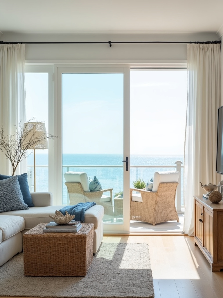“Serene coastal living room with white walls, linen sofa, rattan coffee table, seashell decor, and a bright ocean view.”