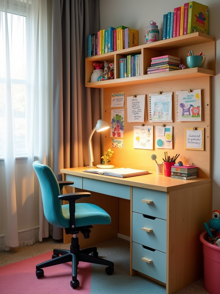 Fun and functional kids bedroom study area with colorful desk and organizers.