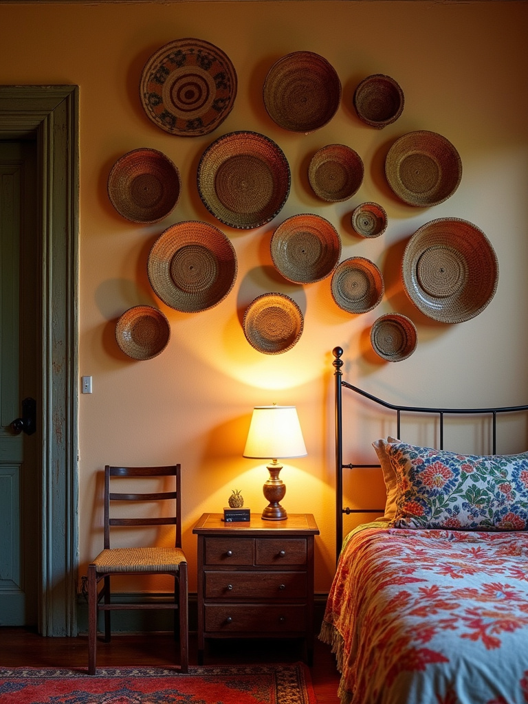 Eclectic bedroom with a wall decorated with a collection of woven baskets in various sizes and patterns.