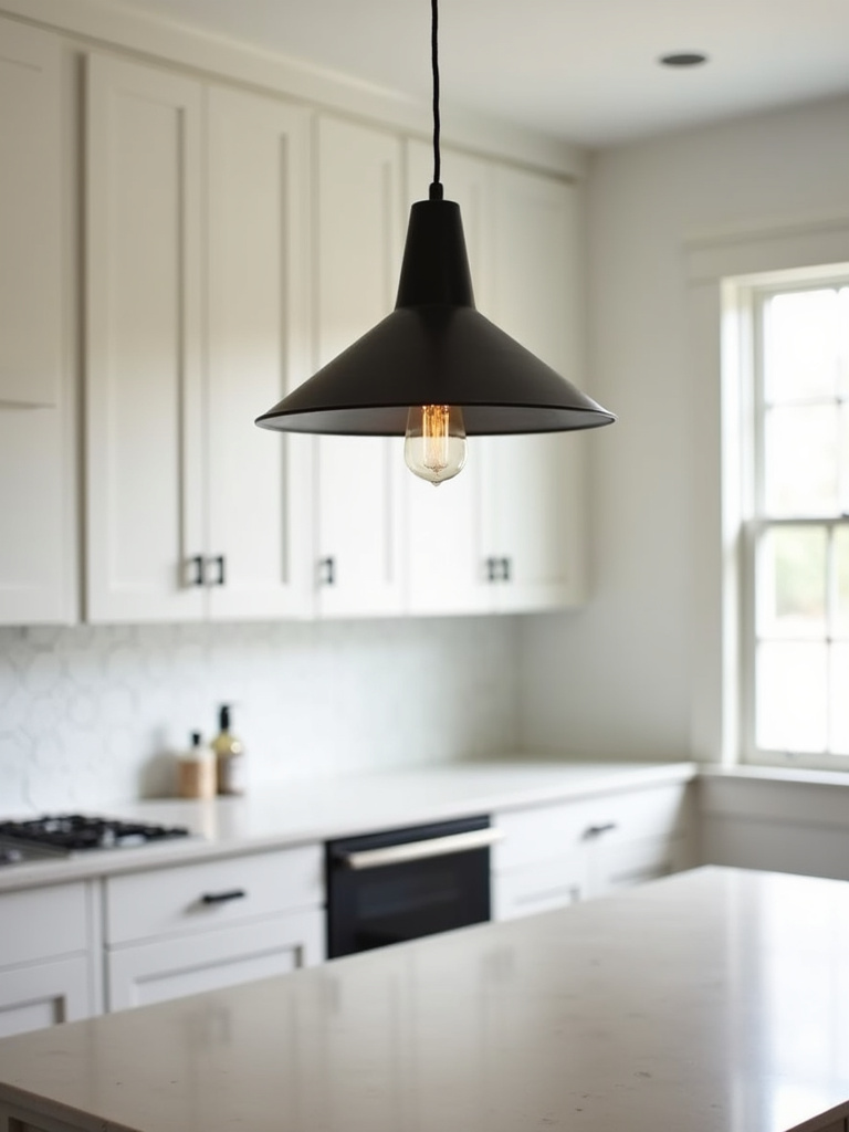 Minimalist farmhouse kitchen featuring a simple and elegant single pendant light above the island.