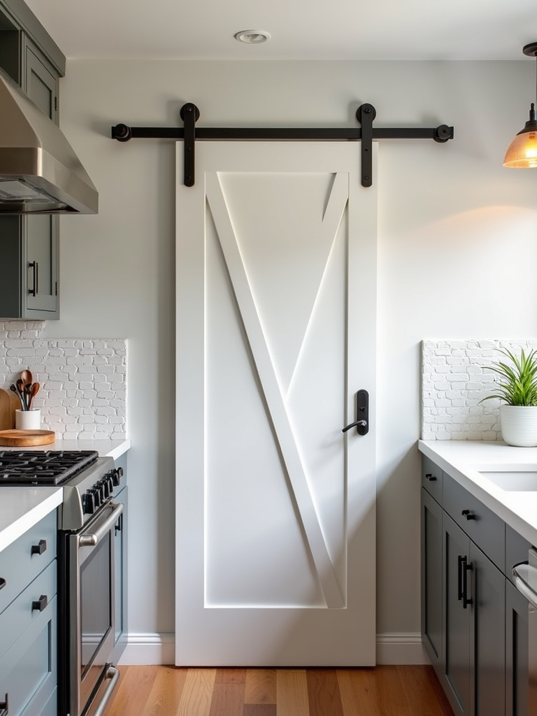Modern farmhouse small kitchen with a white painted sliding barn door leading to a pantry, saving space and adding style.