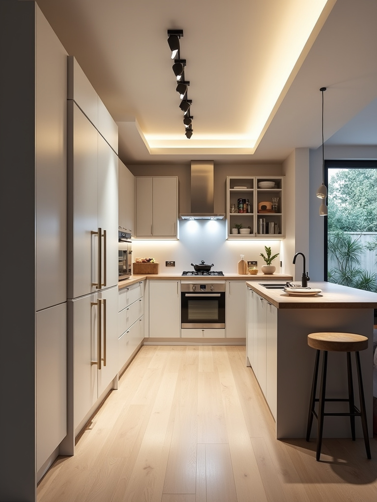 A compact yet stylish kitchen showcasing vertical storage solutions, a narrow island, and light cabinetry, brightly lit with recessed and under-cabinet lighting to emphasize spaciousness.