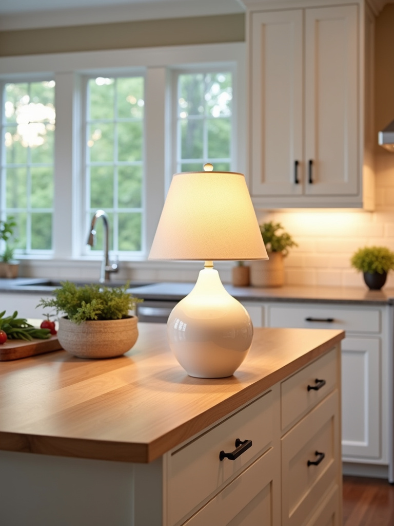Small ceramic table lamp with a linen shade providing soft lighting on a transitional light wood kitchen island.