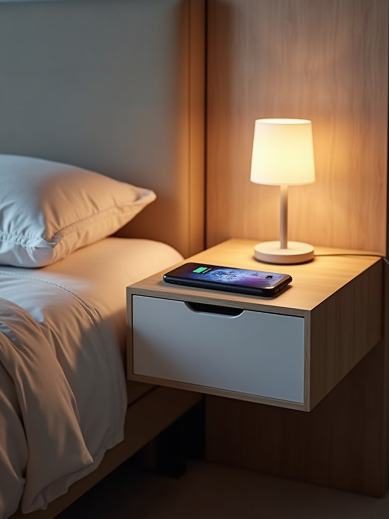 A modern bedroom nightstand featuring built-in smart technology with a wireless charging pad and USB ports. A smartphone is shown charging wirelessly on the pad, highlighting the sleek and functional design and tech-savvy atmosphere of the smart furniture.