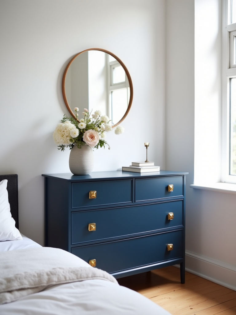 A bedroom corner featuring a navy blue dresser with striking gold geometric knobs as a statement piece. Natural light illuminates the white walls and light wood flooring, while a round mirror and vase of flowers on the dresser add to the stylish and modern aesthetic.