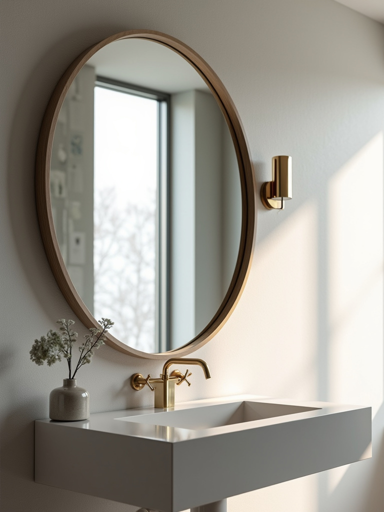 “A modern bathroom featuring a large round statement mirror above the vanity, emphasizing its role in reflecting light and amplifying space.”