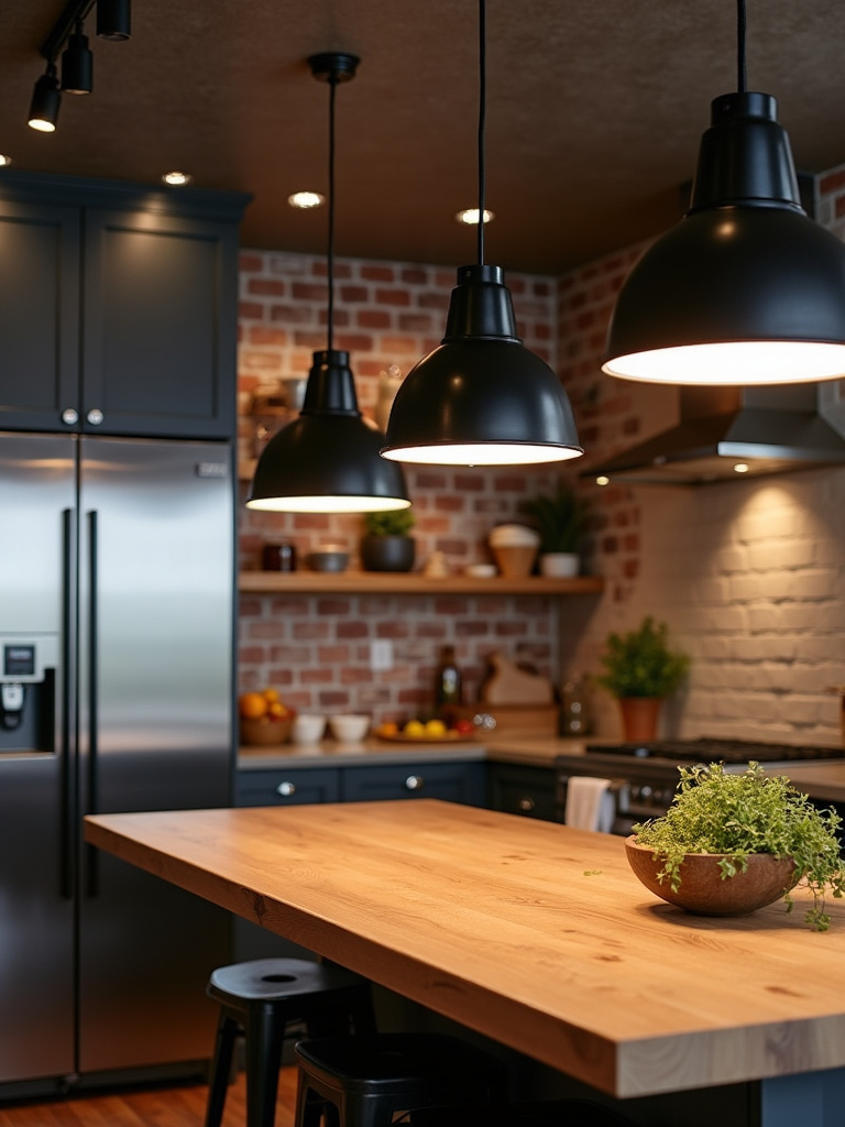 Modern industrial small kitchen featuring black metal statement pendant lights hanging above a kitchen island, drawing the eye upwards.