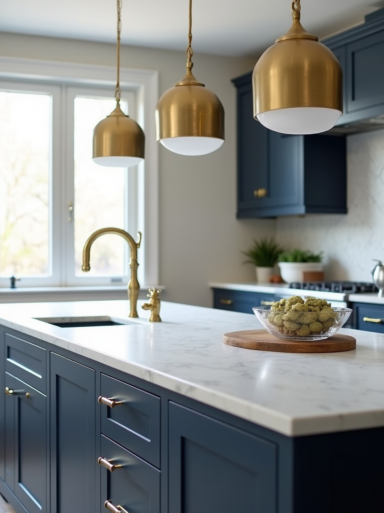 Kitchen island with brass pendant lights illuminating a white marble countertop.