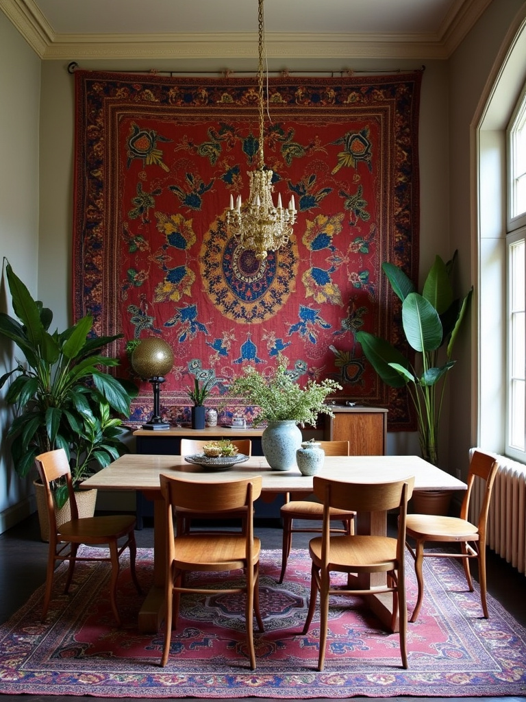 Bohemian dining room featuring a large statement tapestry with rich colors and patterns behind a dining table.
