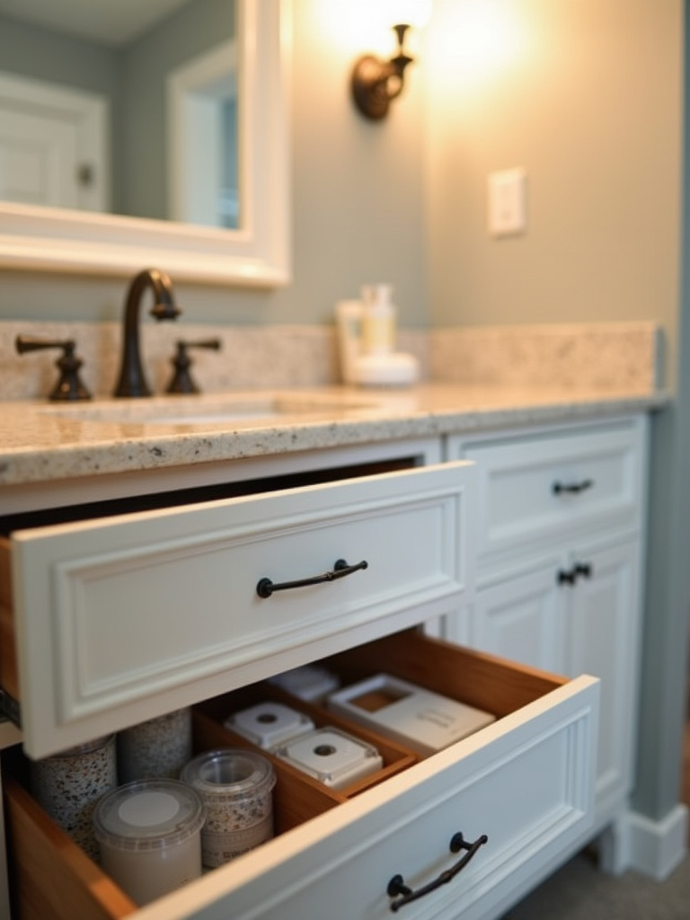 Close-up of organized vanity drawers showcasing hidden storage solutions in a small bathroom.