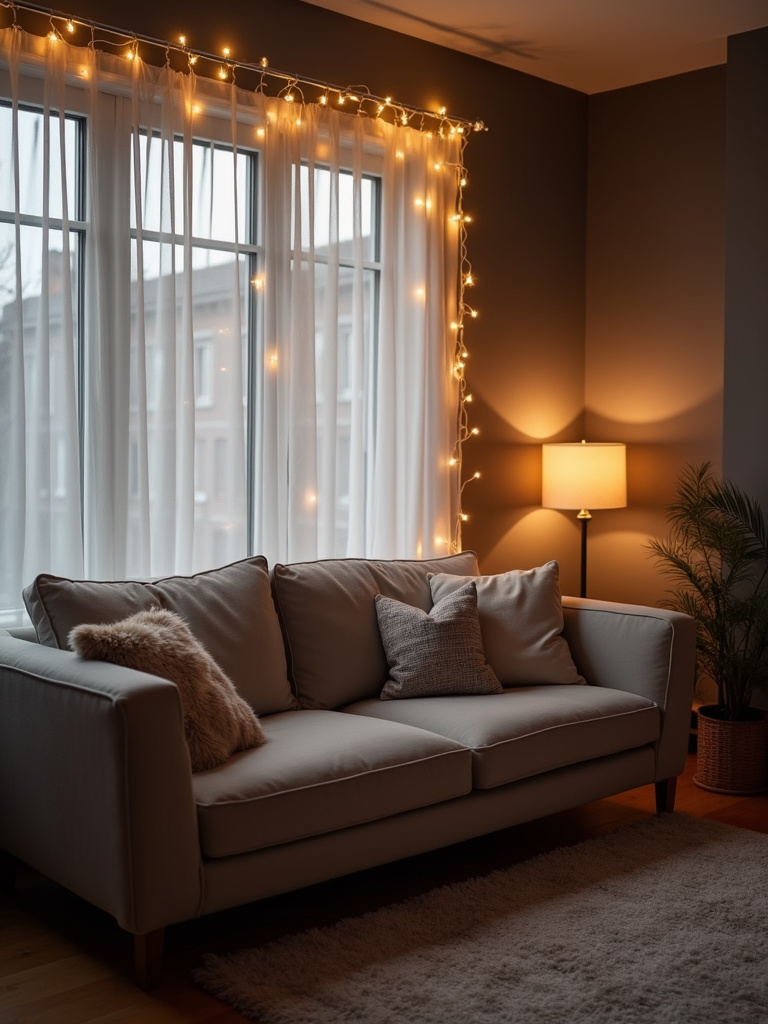“A cozy living room with twinkling fairy lights draped behind sheer white curtains, creating a magical and inviting ambiance.”