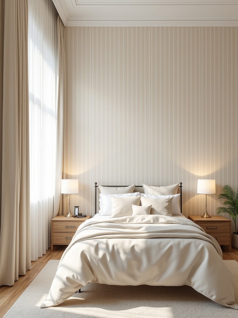 A classic bedroom featuring beige and white vertical striped wallpaper on all walls, illuminated by bright morning light.