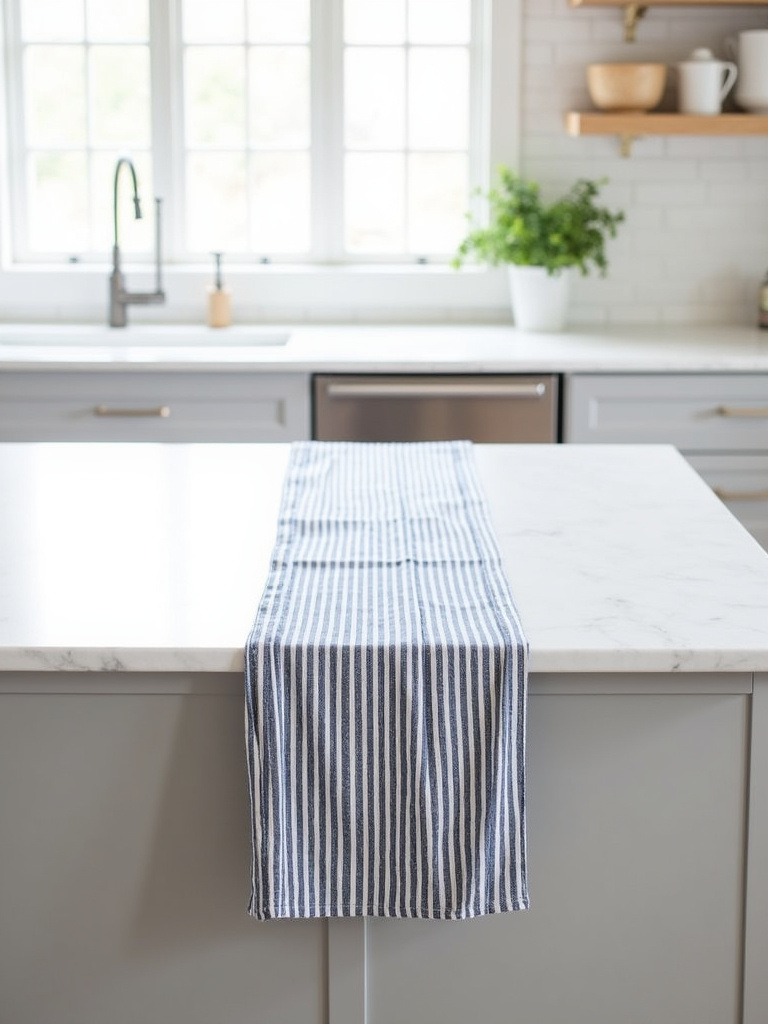 Striped blue and white cotton runner on a modern farmhouse white quartz kitchen island.