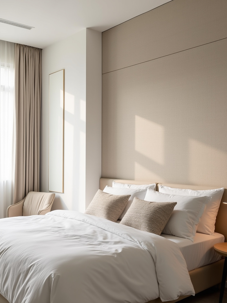 A serene bedroom featuring beige textured linen-look wallpaper on the headboard wall, bathed in natural light.