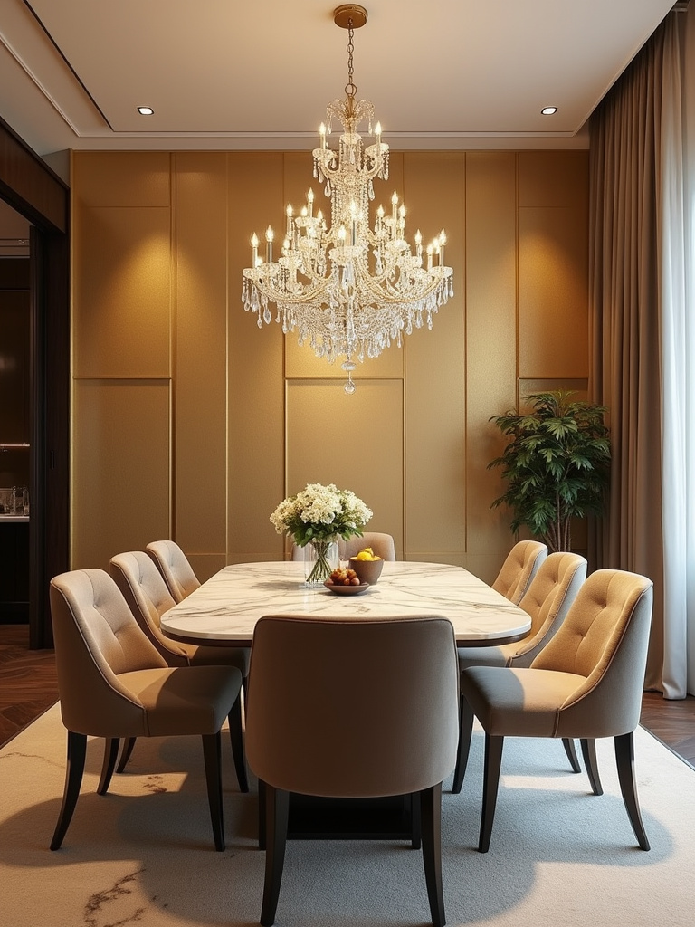 Glamorous dining room with gold textured wallpaper and a crystal chandelier.