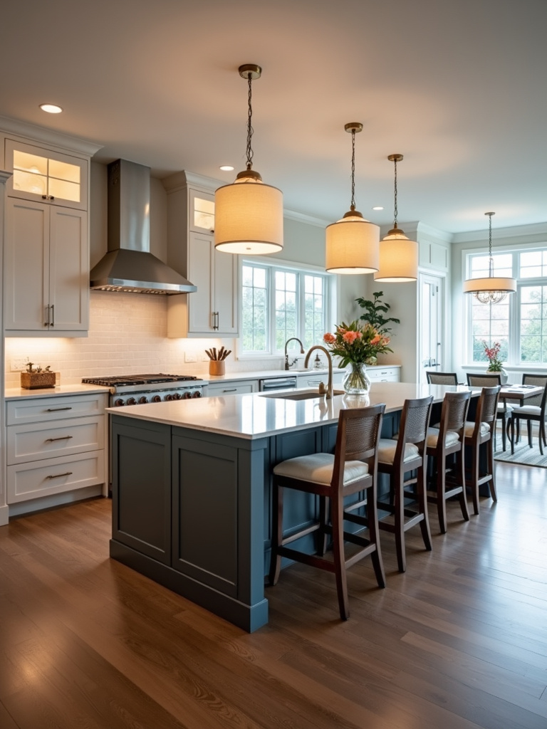 A spacious kitchen centered around a large, multi-functional island with a cooktop and bar seating, illuminated by warm pendant lights, emphasizing the island as the kitchen’s focal point.