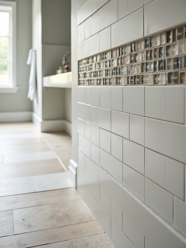 “A close-up view of different tile sizes and styles in a bathroom, demonstrating how tile selection can enhance visual space and design.”