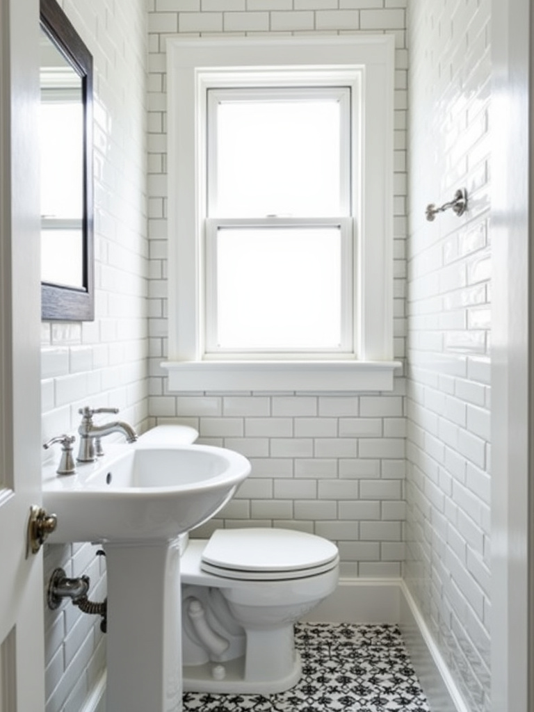 Classic bathroom featuring white subway tile on the walls.