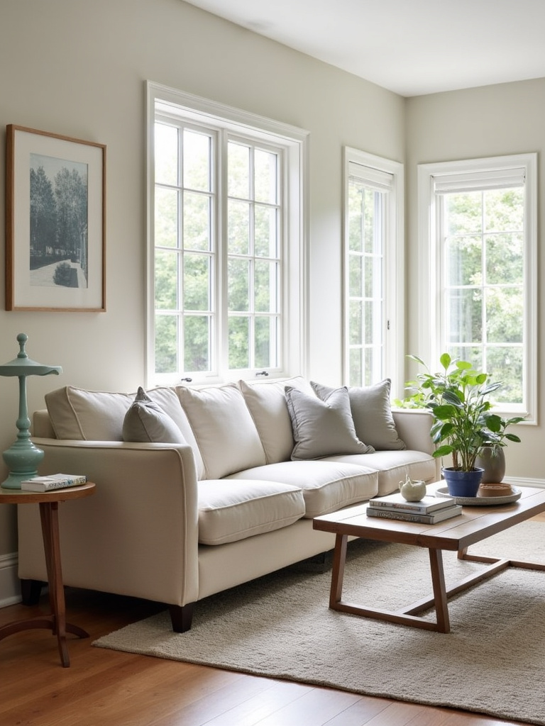 “Timeless transitional living room with a classic sofa, modern side tables, neutral colors, and textured rug.”