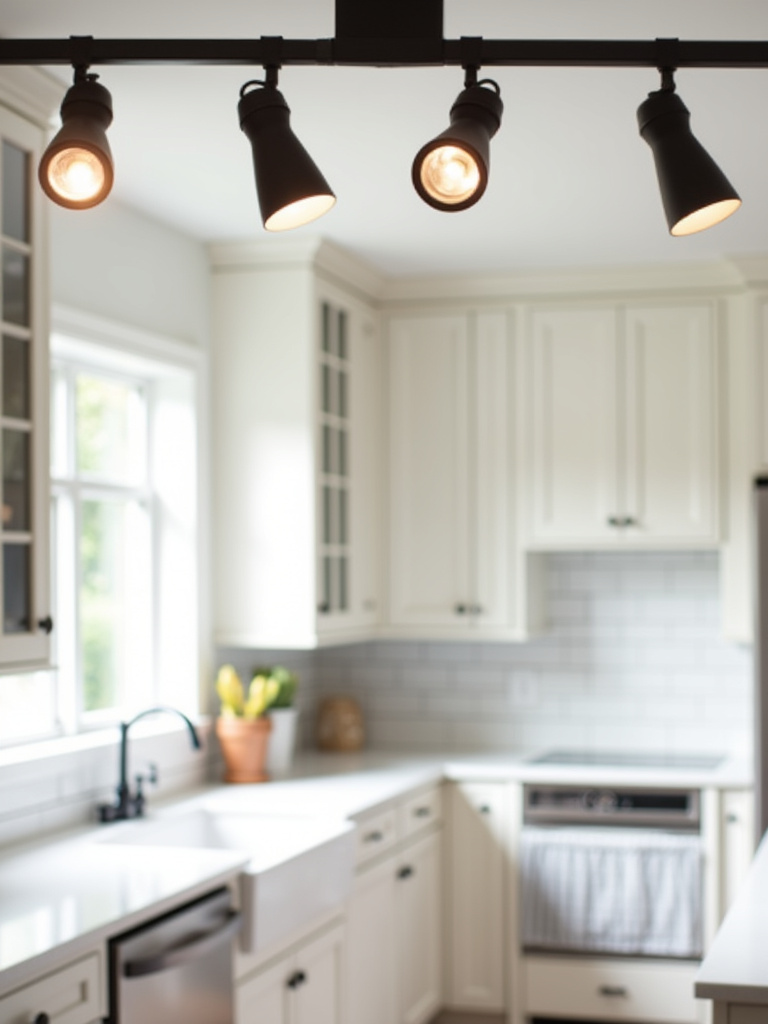 Farmhouse kitchen illuminated by track lighting with adjustable barn light fixtures.