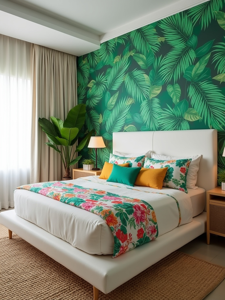 A vacation-inspired bedroom featuring vibrant green palm leaf wallpaper on the headboard wall, bathed in bright natural daylight.