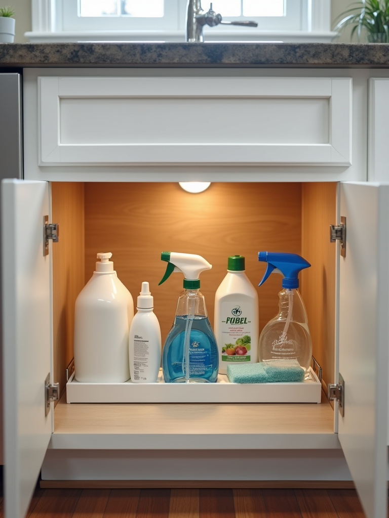 Close-up of an organized under-sink kitchen cabinet with a white pull-out drawer organizer for cleaning supplies.