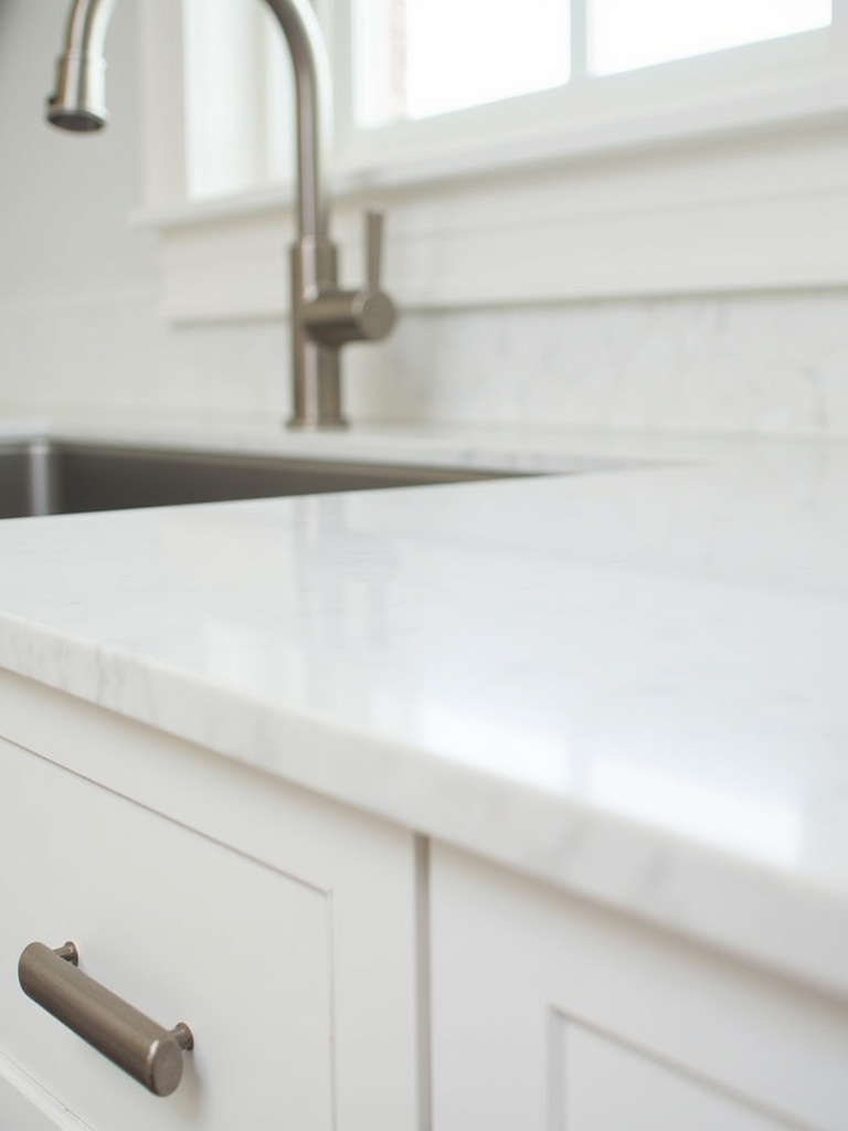 Close-up of minimalist kitchen hardware: brushed nickel cabinet pulls and faucet, showcasing consistent finish for a cohesive look.
