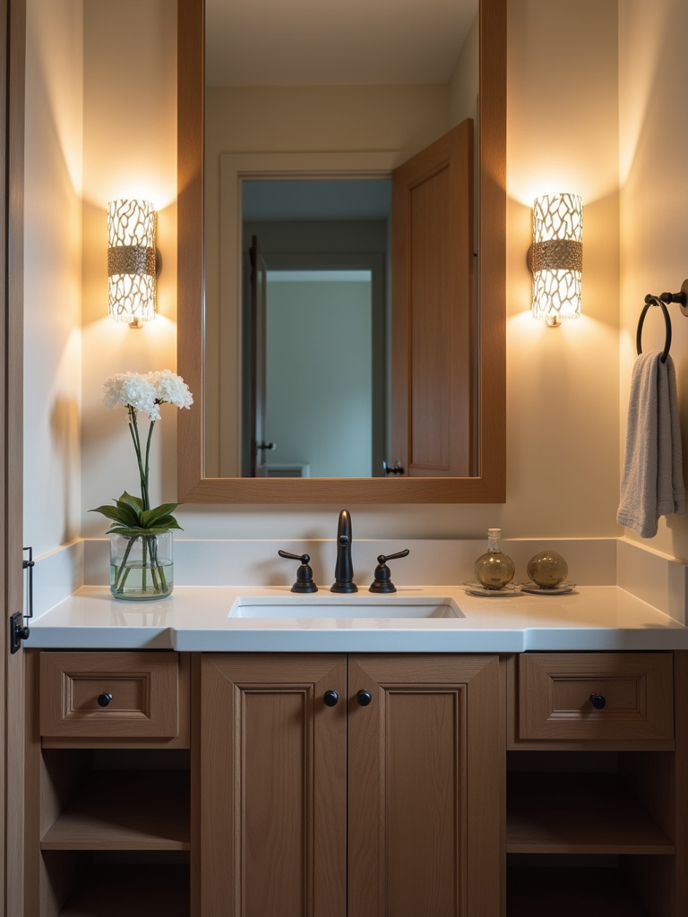 “A modern bathroom showcasing a stylish wood vanity as the focal point, with a countertop sink, mirror, and decorative lighting.”