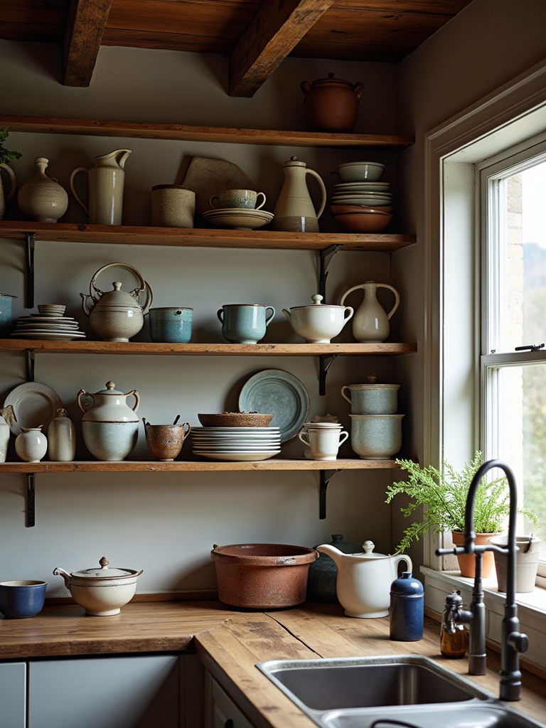 Rustic kitchen open shelving displaying vintage kitchenware and pottery, softly lit by natural daylight.