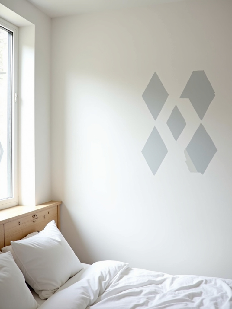 Minimalist bedroom with a subtle light gray geometric stenciled wall pattern on a white wall.
