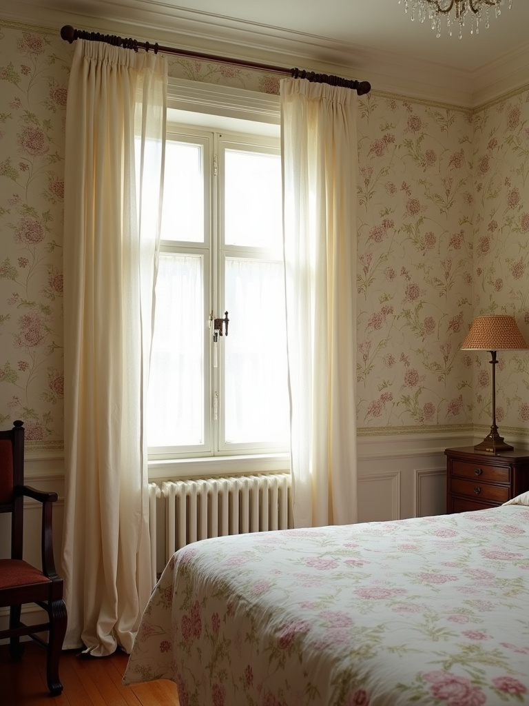 Traditional bedroom with pastel floral wallpaper, soft light, and antique wooden furniture.