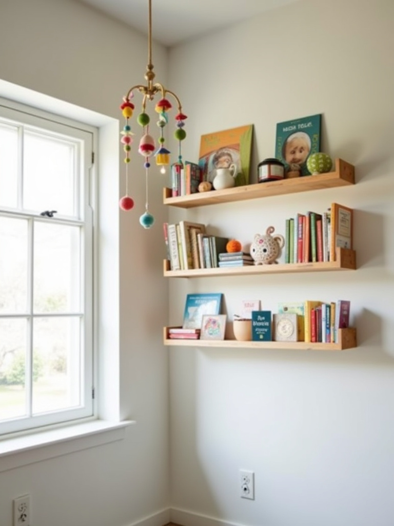 Kids bedroom with vertical wall shelves filled with books and toys, and hanging mobile.