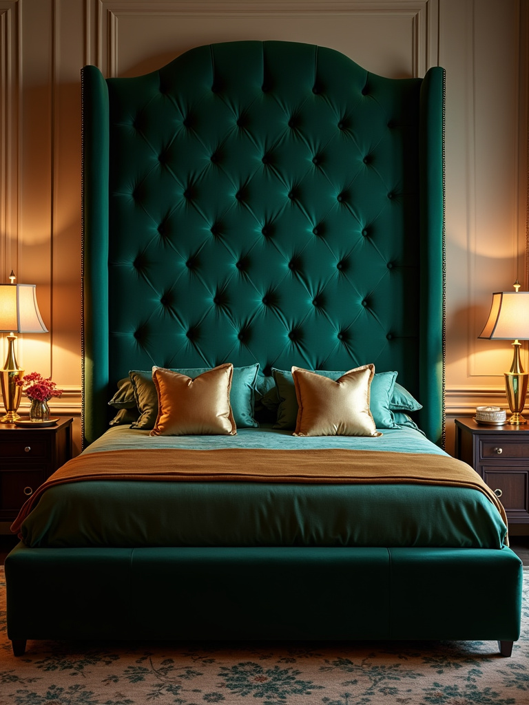 A luxurious bedroom showcasing a king-sized bed with a tall, emerald green velvet tufted headboard. Bedside lamps with gold bases cast a warm glow, highlighting the rich jewel-toned bedding and patterned rug, creating an opulent and inviting ambiance.