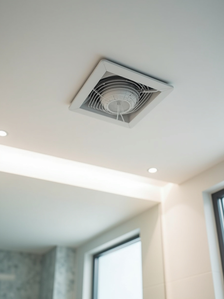 “A close-up view of a modern ceiling-mounted bathroom exhaust fan, highlighting the importance of ventilation in bathroom design.”